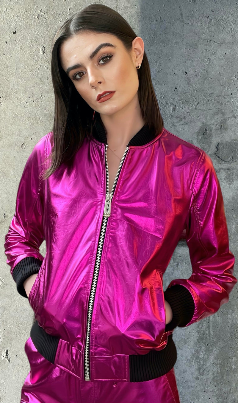 Any Old Iron Pink Metal Bomber Jacket