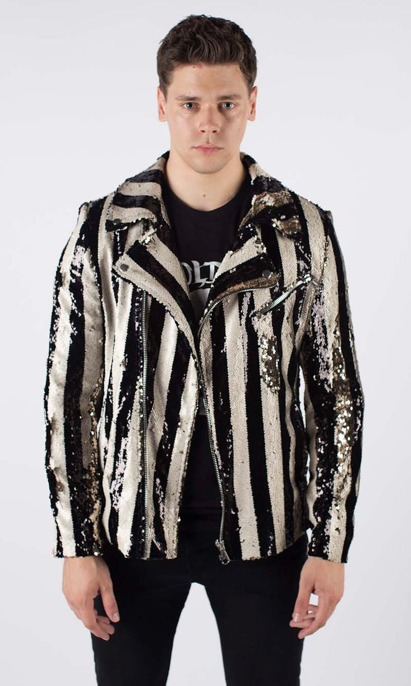 Any Old Iron Stripped Sequin Moto Jacket