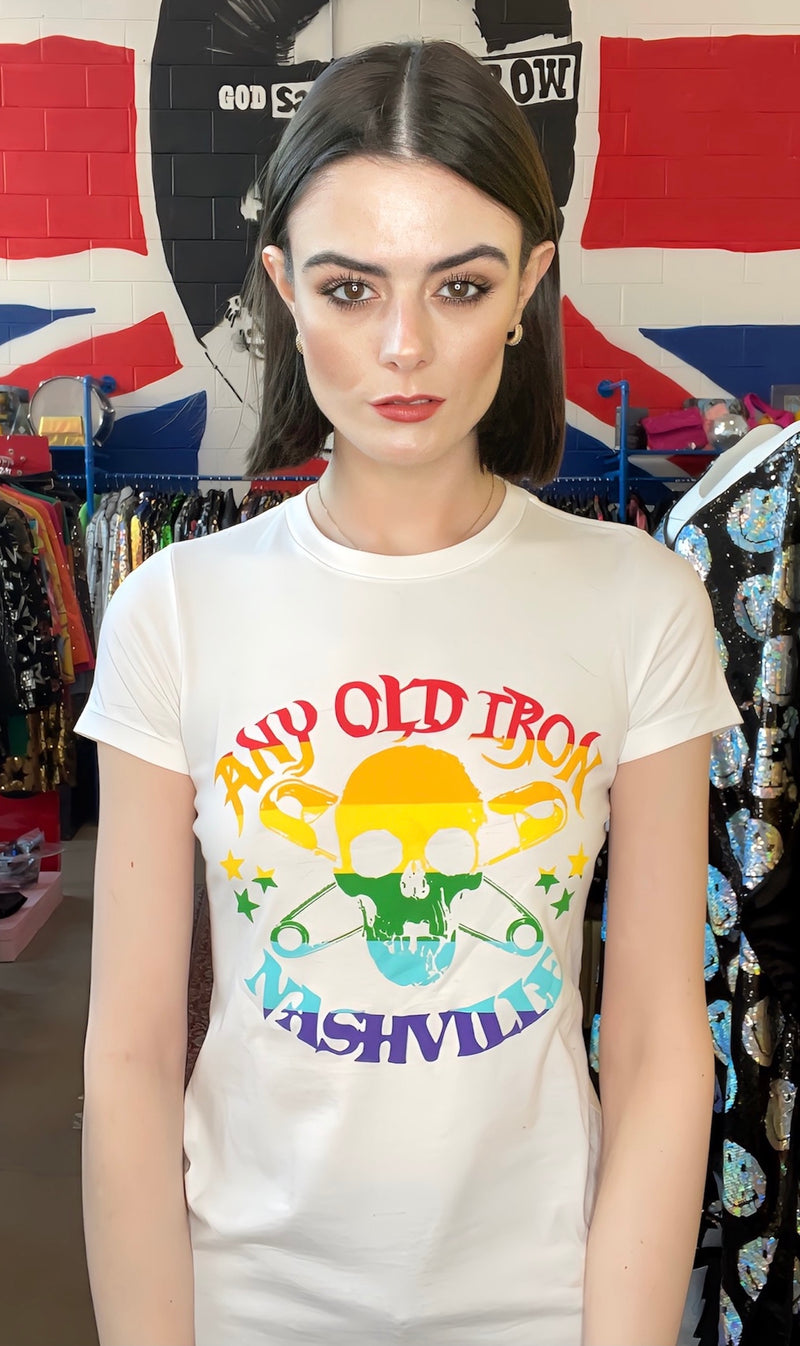 Any Old Iron White Rainbow Logo T-Shirt