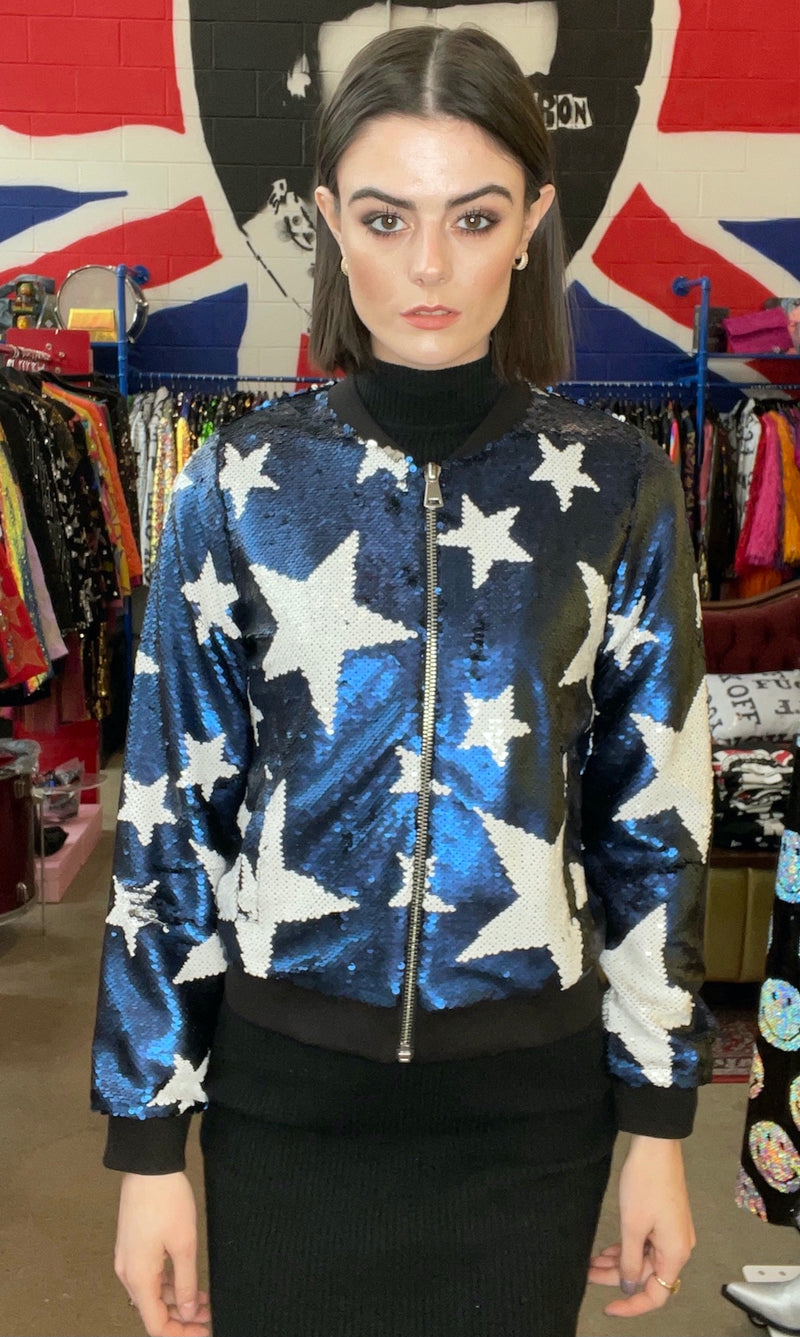 Any Old Iron Blue Sparkle Star Bomber Jacket