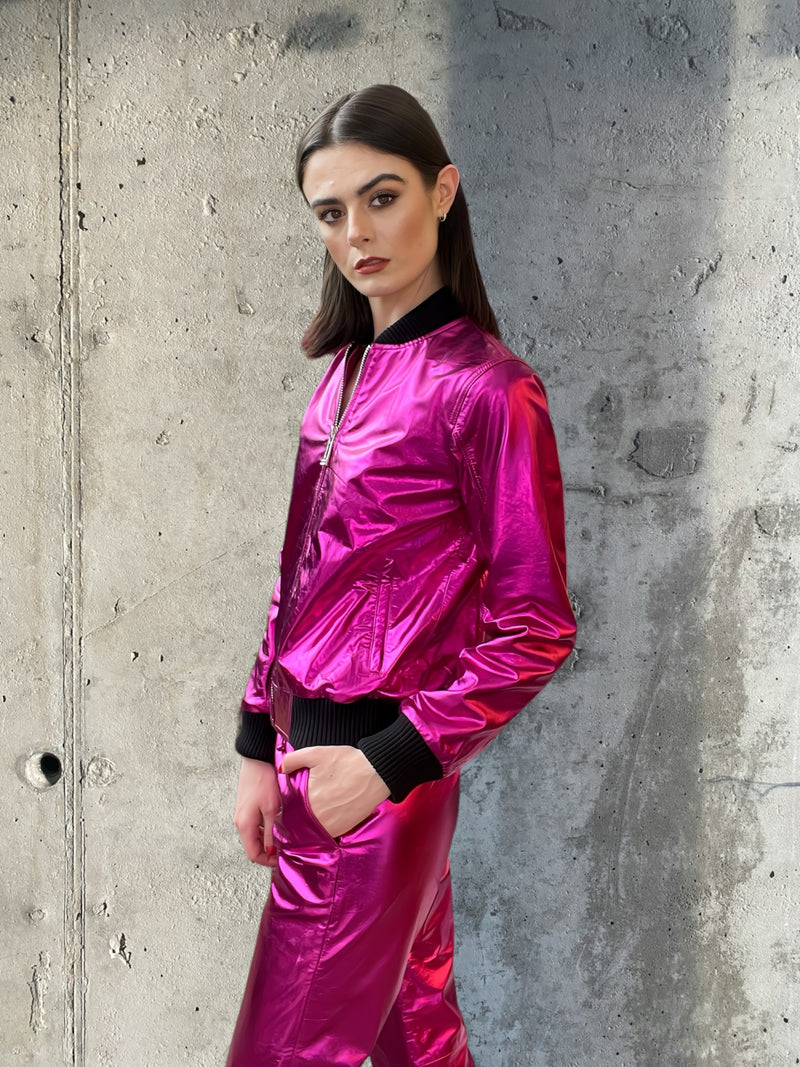 Any Old Iron Pink Metal Bomber Jacket